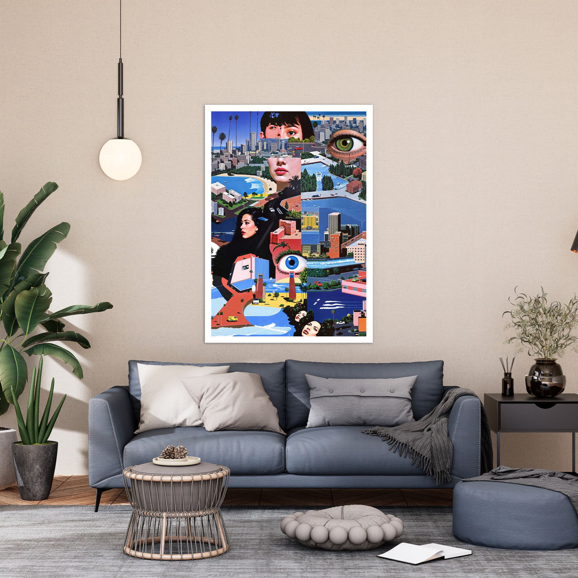 Living room with a blue sofa, decorative pillows, and a colorful abstract painting on the wall.