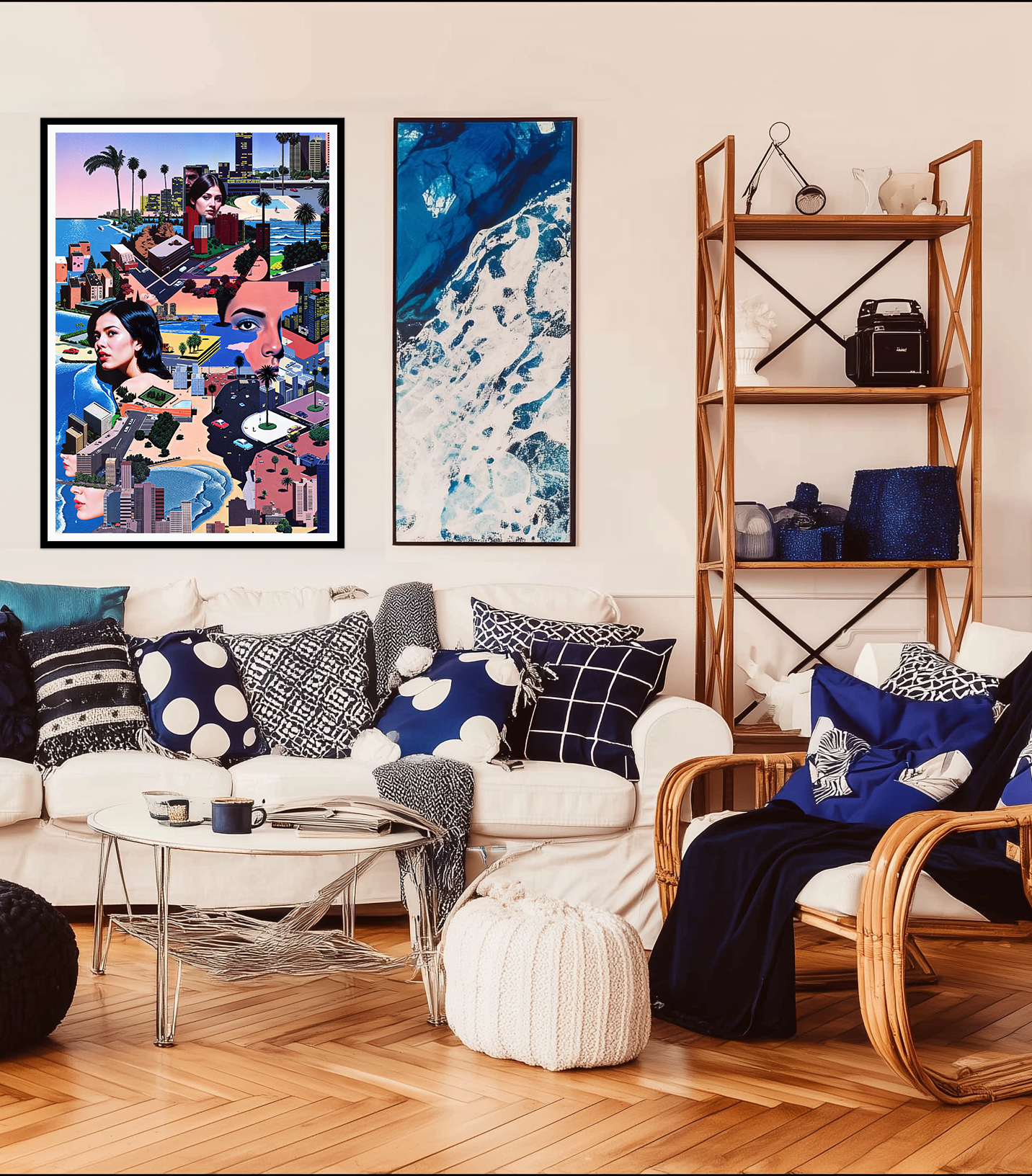 Living room with colorful decor, blue tones, unique print artwork on the wall, and a bookshelf.