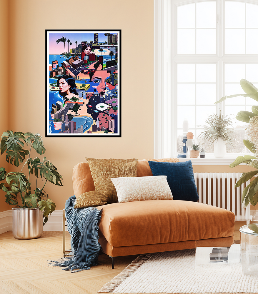 Living room with an orange sofa, decorative pillows, and a colorful and unique HUE artwork on the wall.