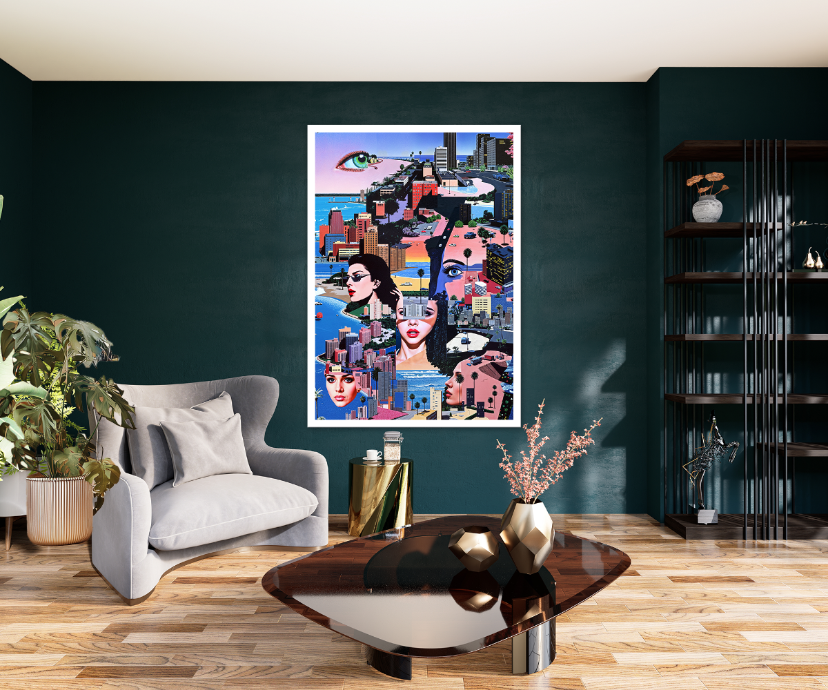 Modern living room with a colorful abstract art piece on the wall, gray armchair, and wooden coffee table.